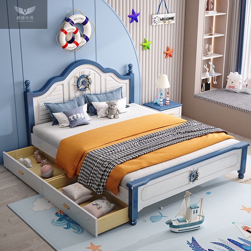 Cama de niños de madera sólida 1.2m de ancho Cama de estudiantes Cama de niños Cama individual Cama de niños Habitación de niños Mediterráneo image 4