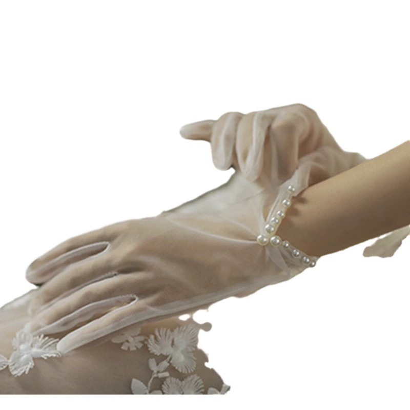 Short Lace Bridal Gloves with Pearls and Bow, Wrist-Length Elegant Wedding Accessory