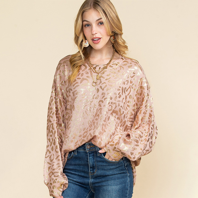 Shi Ying top a maniche lunghe largo da donna, pullover personalizzato con stampa leopardata metallizzata per donna_voghion.com