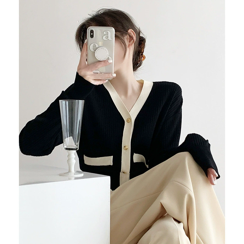 Женский свитер в стиле Шанель, Женское пальто на раннюю осень, контрастный вязаный мягкий вощеный свитер с V-образным вырезом и плотной талией