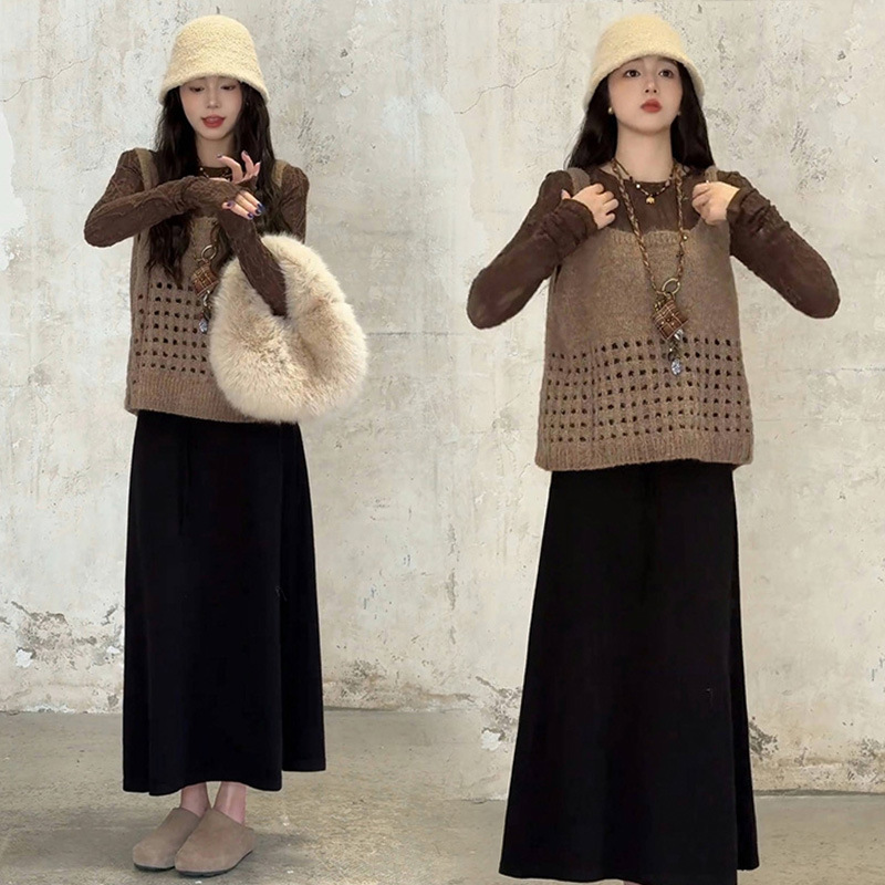 孕妇韩系穿搭早秋新款镂空马甲蕾丝上衣+毛呢半身裙三件套装