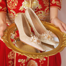 2025春季新款婚鞋女婚纱服细高跟新娘鞋不累脚敬酒中式婚礼亮片鞋