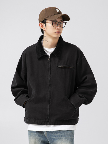 Vintage distressed washed Detroit jacket—spring new arrival, Japanese-style loose-fit corduroy patchwork lapel coat Q.