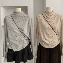 欧玛莱 木耳边小立领碎花长袖T恤秋冬修身显瘦内搭打底衫实拍5401