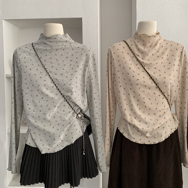 欧玛莱 木耳边小立领碎花长袖T恤秋冬修身显瘦内搭打底衫实拍5401