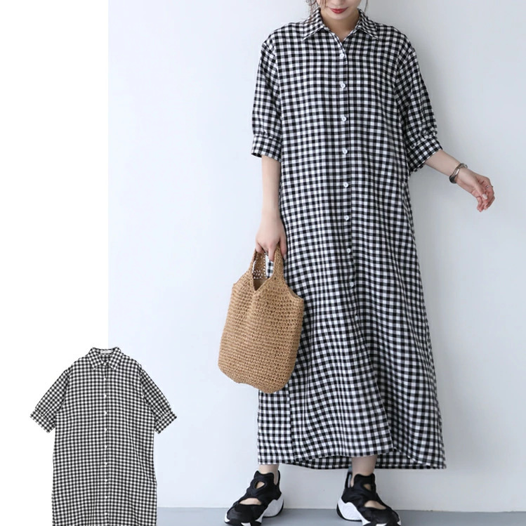 Korean Style Plaid Shirt Dress for Women 2025 Spring and Summer Short-Sleeved Cotton and Linen Extra-Long Over-The-Knee Loose and Stylish Shirt Korean Style Plaid Shirt Dress for Women 2025 Spring and Summer Short-Sleeved Cotton and Linen Extra-Long Over-The-Knee Loose and Stylish Shirt