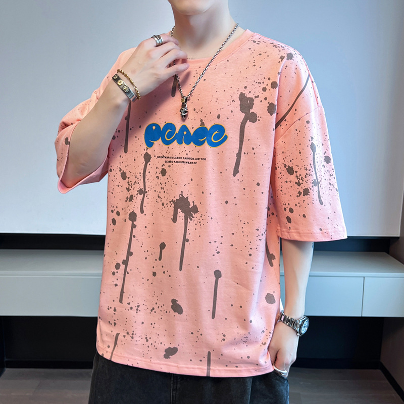 Camiseta de algodón de manga corta para hombres de verano nueva moda suelta cuello redondo medio manga casuales marca de tendencia puerto camisa de manga de cinco puntos