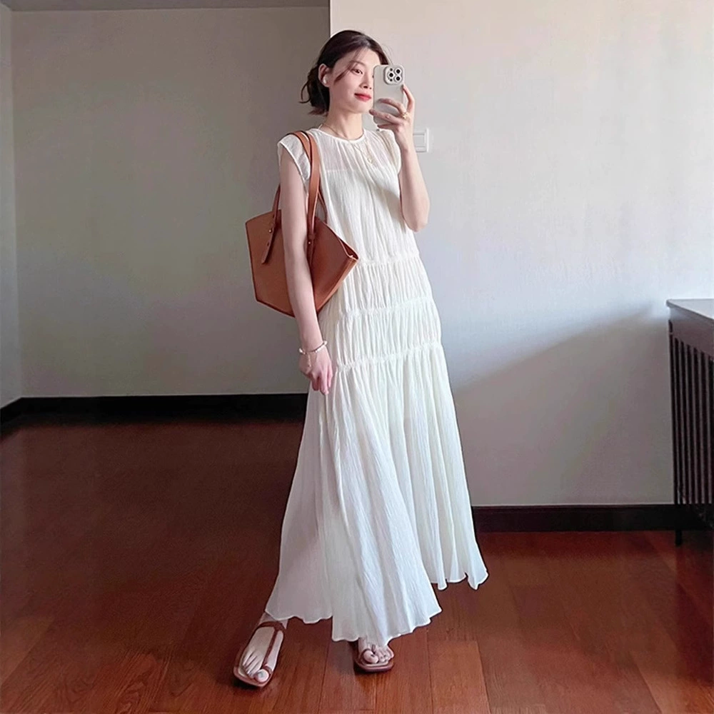 2510 французское плиссированное платье супер феи, летнее новое стильное нежное платье с маленькими летящими рукавами, утягивающее лицо, длинная юбка с круглым вырезом