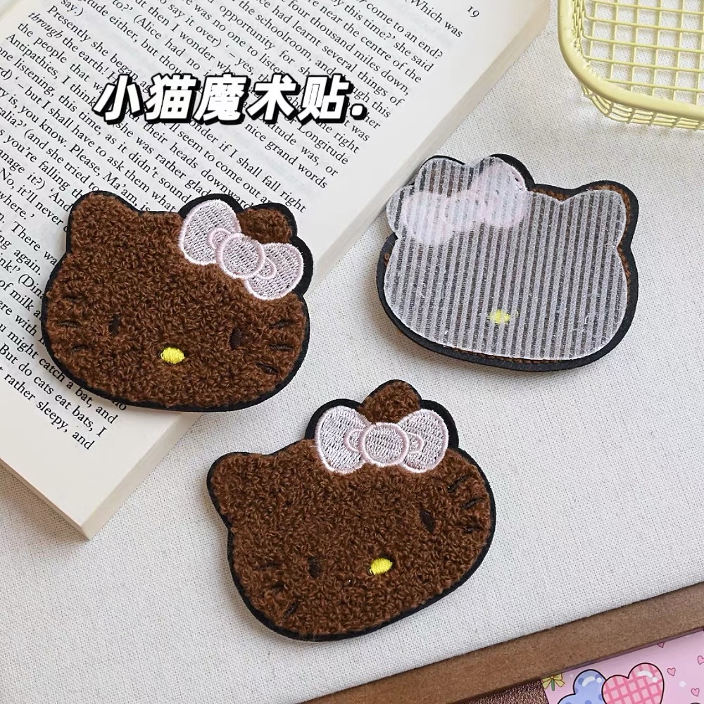 Cute Embroidered Bow Tie Kt Cat Magic Sticker Sweet Coffee Color Face Wash Makeup Seamless Hair Organizer Hair Patch for Women