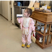 女童套装秋装2025新款小女孩时髦条纹兔耳朵连帽外套休闲花边裙裤