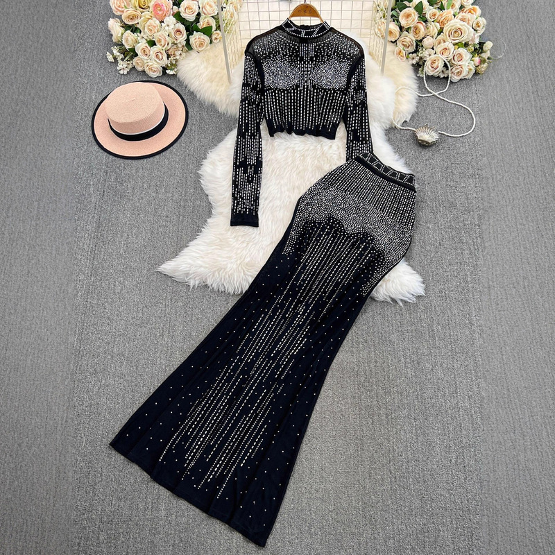Carefully Selected European and American Dress Suits for Women, Light Luxury, Heavy-Duty Hot Diamond Long-Sleeved Tops, Versatile Skirts, High-End Two-Piece Sets