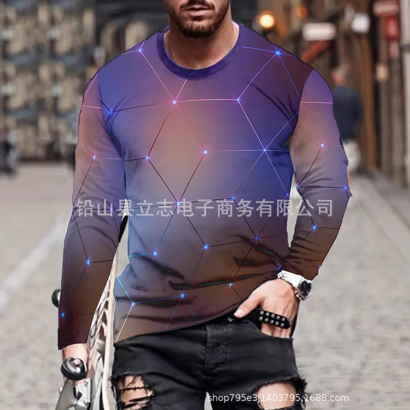 Trendy Long-Sleeve T-Shirt with Gradient Base Color and Cool Geometric Starlight Pattern, Personalized Fashion Cross-Border Hot Sale