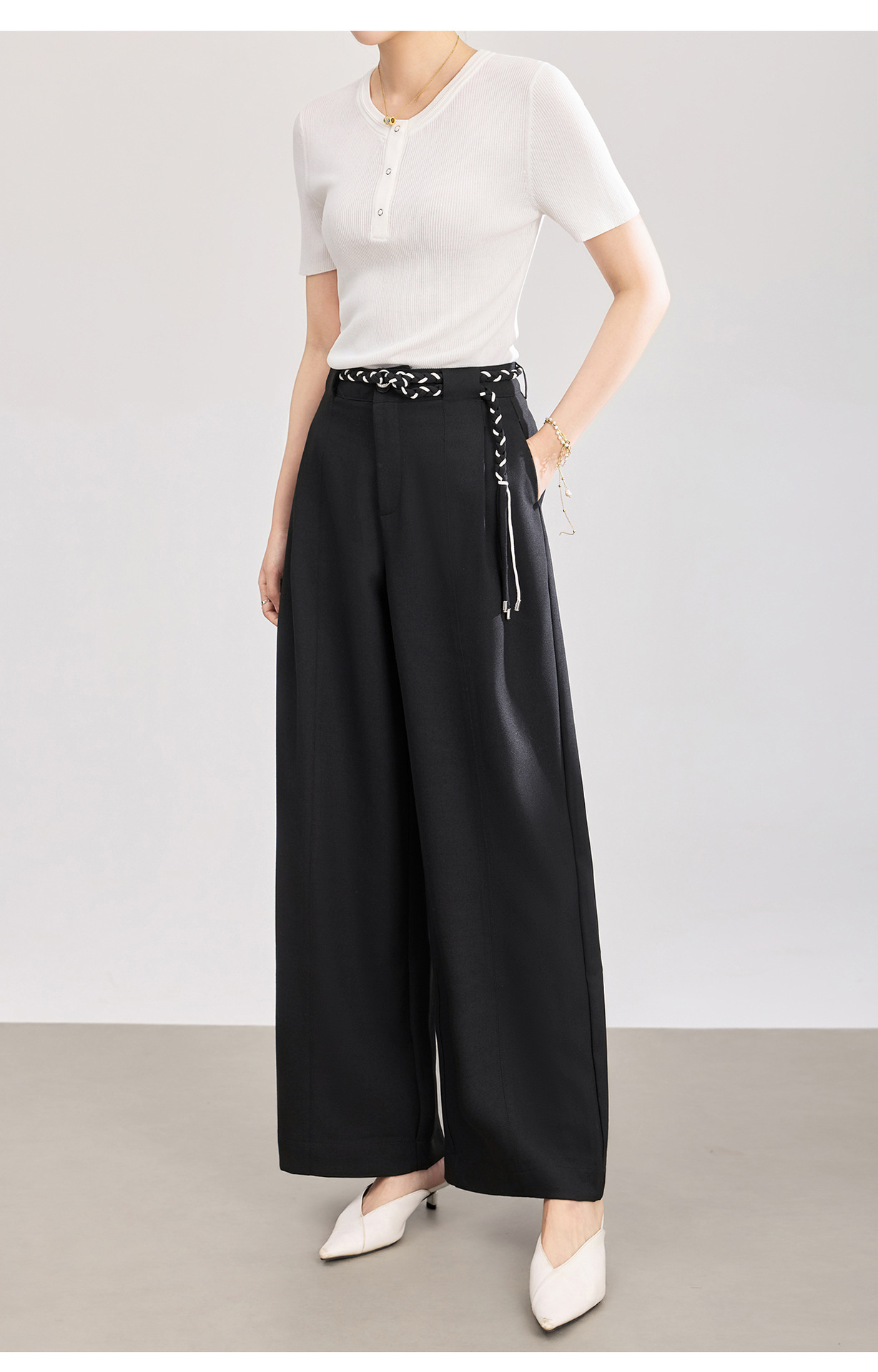 Quần culottes nữ ống rộng cạp cao kèm thắt lưng dệt bản to — màu đen chi tiết 17