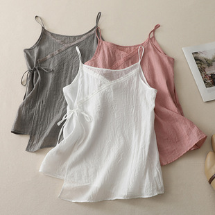 2025 Summer Artistic Lace Vest Women's Loose Slanted Lapel Cotton and Linen Style Lace-Up Inner and Outer Camisole