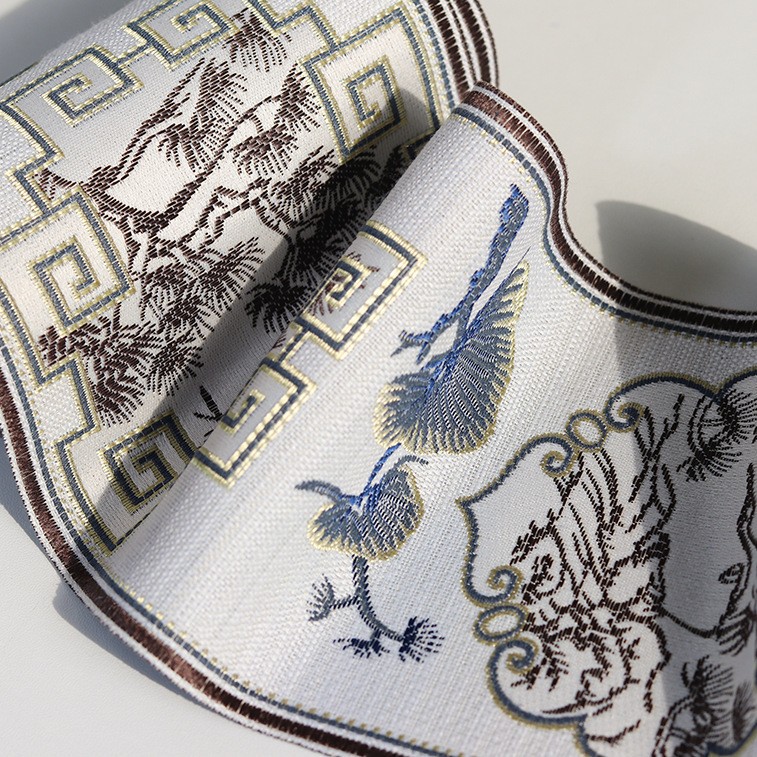 Encaje decorativo de 12 cm de ancho con diseño de paisaje y grullas al estilo chino, para ropa, cuellos, cinturones y artesanías de té.