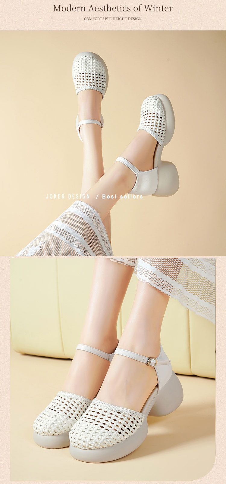 Sandal quai ngang cao gót nữ mũi bao dệt da thật, gót thô đế dày — Màu đen chi tiết 16
