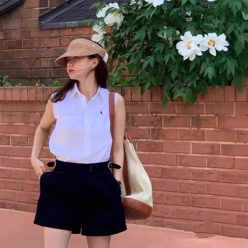 Scanable Qr Code Rl Ralph Sleeveless Shirt with Pony Logo Embroidery, Polo Collar Versatile Vest Shirt, Fashionable for Commuting Women