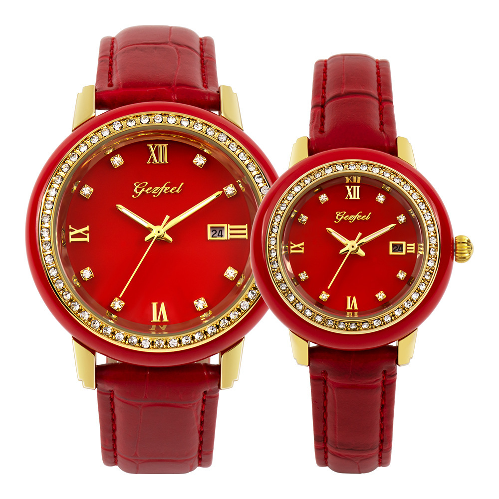快手抖音外蒙料红色日历款2035石英机芯防水皮带直播定制批发|ru