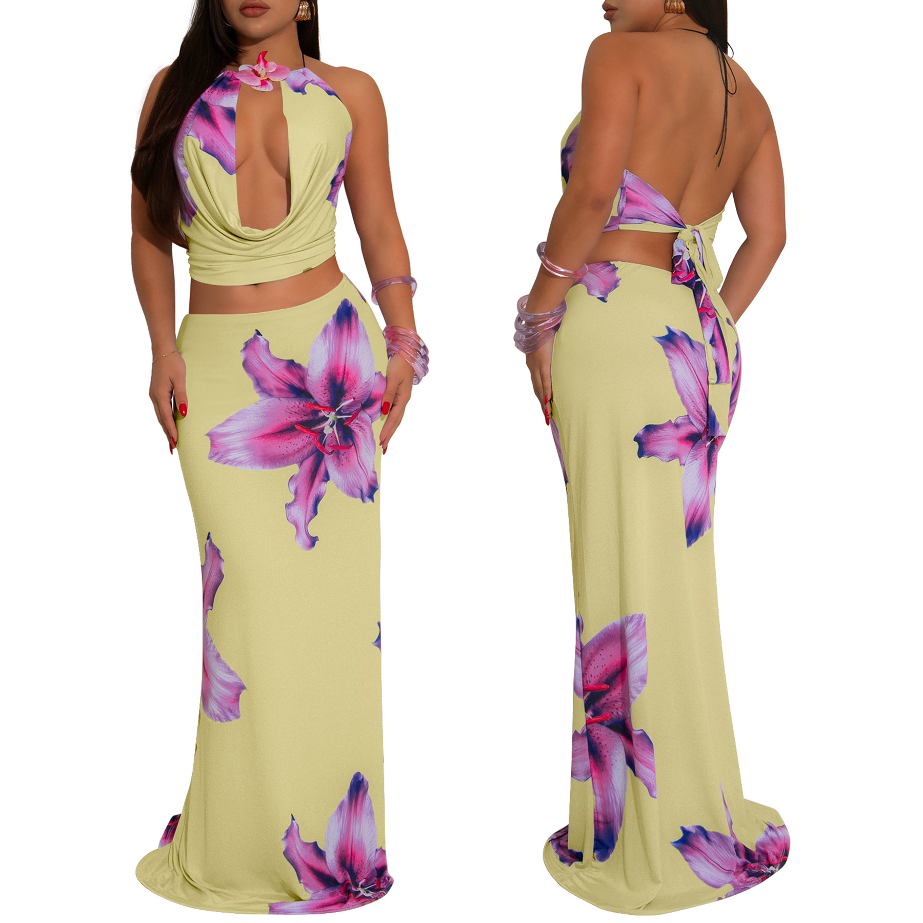 402g Weight Sleeveless Sleeve Length Polyester Fabric Type Skirt Co-ord Set Sets Type 2 Pieces Set Quantity Casual, Holiday Occasion Halter Neck Neckline Slim Fit Type Flower Pattern Summer Season Women's Gender Sexy, Streetwear Style Casual Holiday Women's Sexy Streetwear Flower Polyester Skirt Co-ord Set Skirt Sets 15