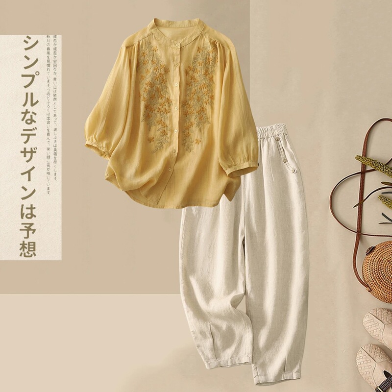 Two-piece cotton-linen embroidered petite outfit, stylish harem pants, summer shirt for mothers, artistic style Two-piece cotton-linen embroidered petite outfit, stylish harem pants, summer shirt for mothers, artistic style