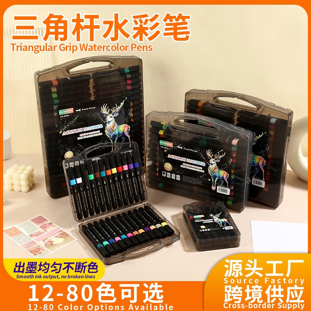 Colorful Little Deer Black Box Triangular Acrylic Marker Set with Soft Tips, Stackable Colors, for Art Students, DIY Painting, and Watercolor Painting