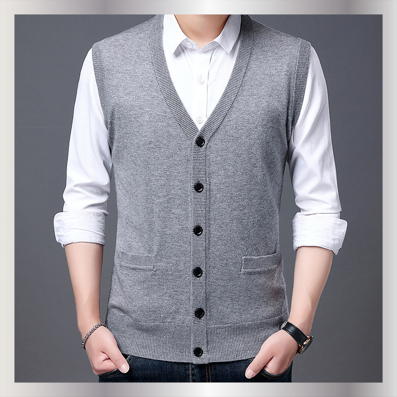 Factory Straight Hair Spring and Autumn Men's Sleeveless Knitted Vest Cardigan Middle-aged Loose Dad Men's Base Shirt Top