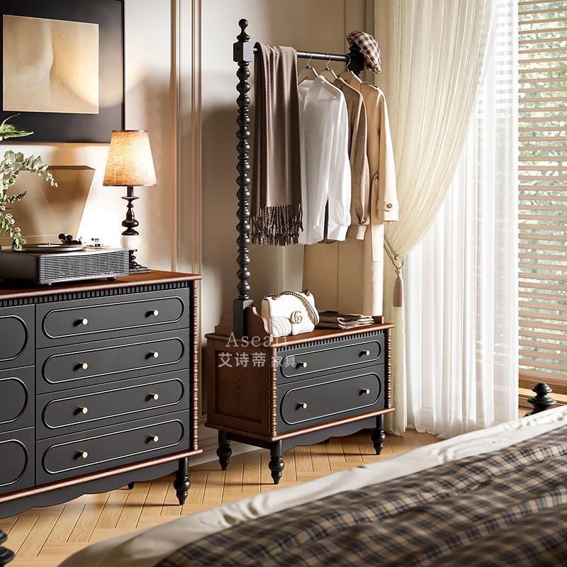 French-Style Solid Wood Coat Rack, Bedside Table Integrated with a Clothes Rack, Floor-Standing Bedroom Vintage Storage Rack, Overnight Clothes Rack