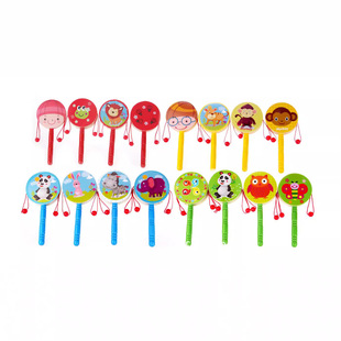Rattle wooden baby toy music baby rattle cartoon pattern hand drum intelligence toy