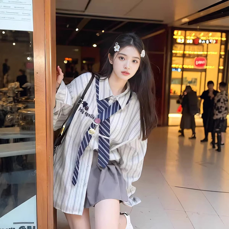 Traditional Shirt Design, Button Color Matches the Picture, Striped Shirt, New Style, College Style, Loose-Fitting Tie Top for Women