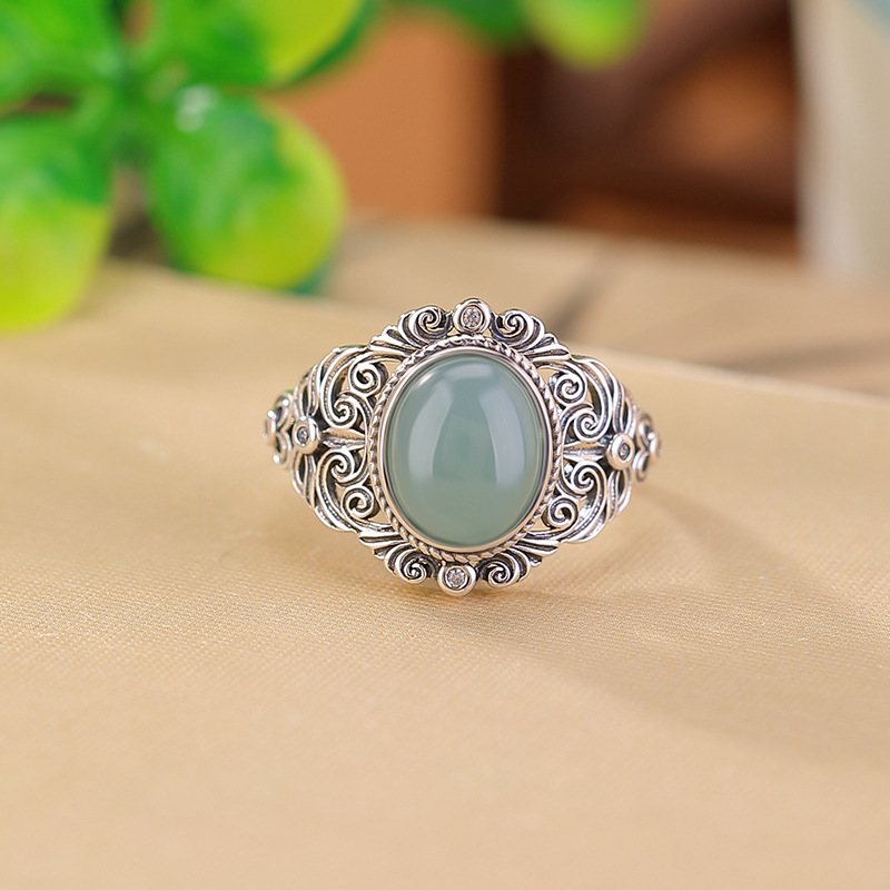 Nhẫn bạc S925 đính đá ngọc lam xanh phong cách cổ điển họa tiết cỏ đường — Bạc 925