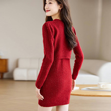 蝴蝶结毛衣女装秋冬亮丝红色针织连衣裙高级感修身显瘦中长款上衣