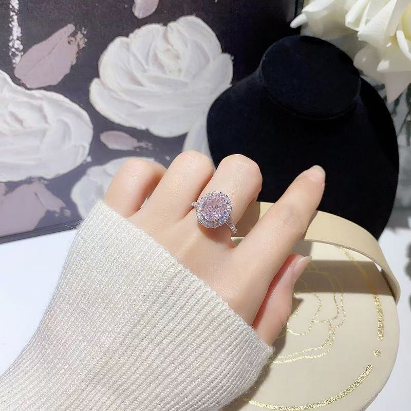 Super Shiny Pink Diamond Oval Ring, Luxurious, Sweet, High Aesthetic Value, Niche Design, Fashionable, Light Luxury, Versatile Ring