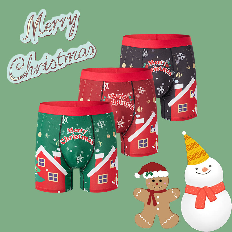 Christmas Men's Printed Underwear Cross-Border Atmosphere Breathable and Comfortable European and American New Style Seamless Boys' Boxer Briefs Wholesale