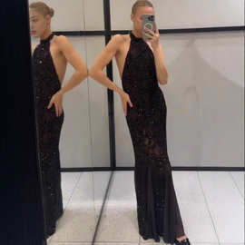 速卖通亚马逊2025女装性感露背挂脖亮片礼服长裙连衣裙女圣诞礼服