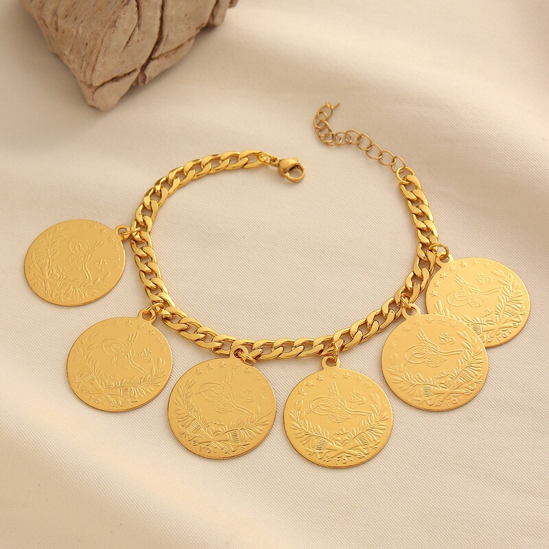 Copper Alloy Electroplated European and American Cross-Border Badge Bracelet Coin Style Ethnic Jewelry Retro Gold Color Geometric Shape