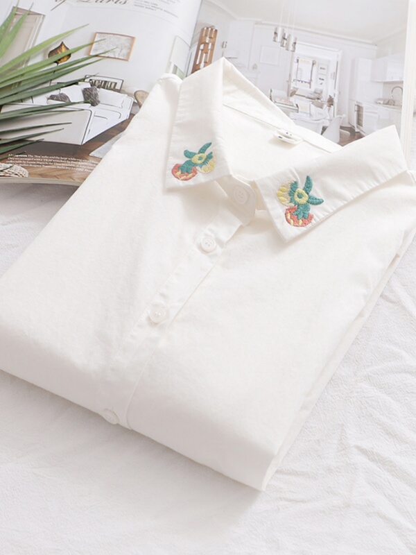 Japanese-Style Literary and Artistic Fresh Embroidered Mushroom Loose Doll Collar White Shirt for Women Long-Sleeve Base Shirt Student Trend