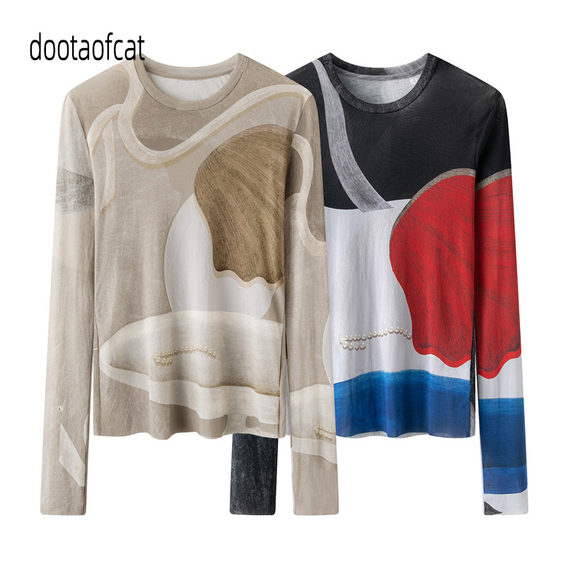 Pre-Release 2026 Autumn New Women's Simple Slim-Fit Color-Blocking Mesh T-Shirt Printed Skin-Tone Top 5Q7114450