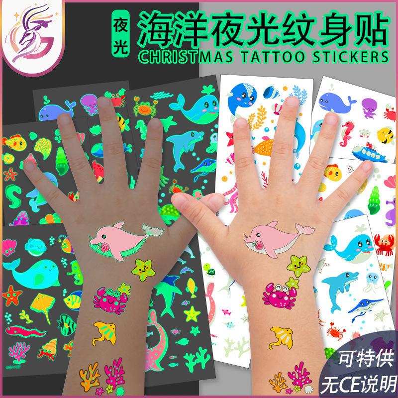 Glow-In-The-Dark Ocean Tattoo Stickers Cross-Border Children's Cartoon Print Little Whale Dolphin Party Luminous Temporary Stickers