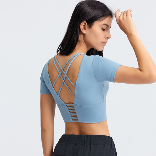 Spring and summer new thin shoulder straps cross beautiful back sports short-sleeved yoga clothes women's tops backless fitness small suspenders short-sleeved