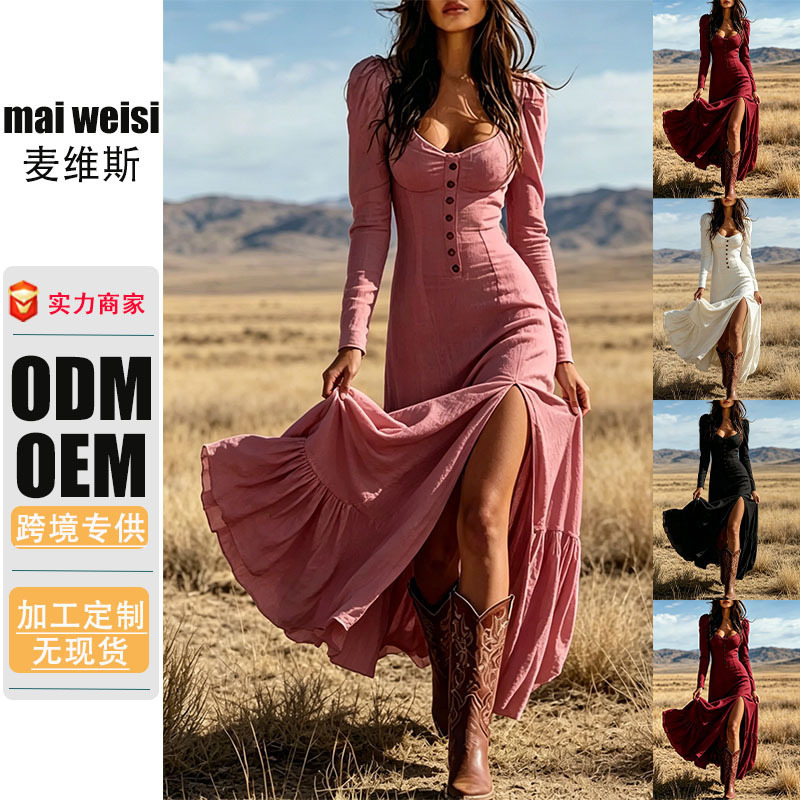 Western-style slim-fit long-sleeve long dress with high waist and slit, large hem, women's dress, customizable and available for custom production Western-style slim-fit long-sleeve long dress with high waist and slit, large hem, women's dress, customizable and available for custom production