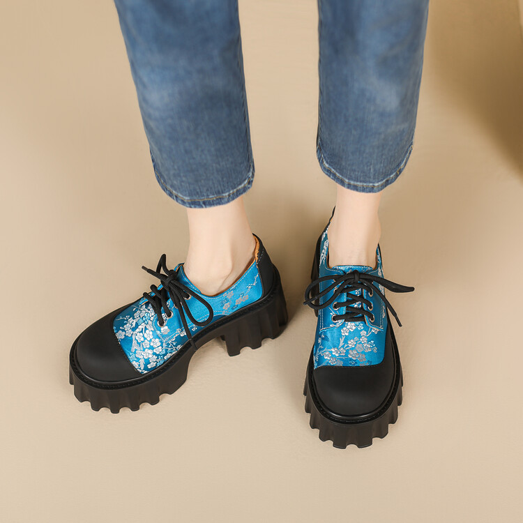 Round toe thick bottom thick heel silk cowhide lace-up deep mouth single-layer shoes for women 2024 new small thick high heel leather shoes