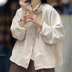 2025春秋新款宽松百搭圆领单排扣外套女韩版复古休闲纯色长袖外套