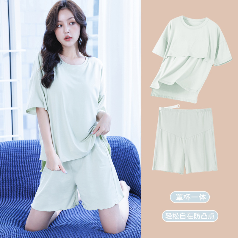 [5A antibactérien] Le costume de pyjama pour femme enceinte d'été, le short à manches courtes et à manches courtes peut ajuster la taille, la tête, le coussin de poitrine, Model