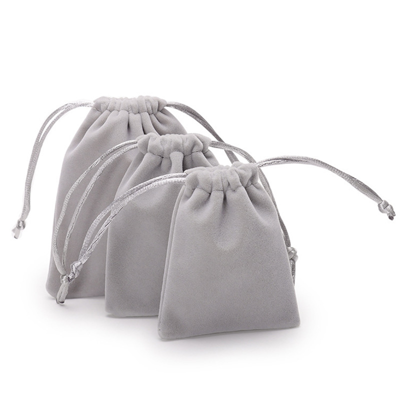 Dark gray long plush drawstring pouch for jewelry storage, suitable for high-end personal use