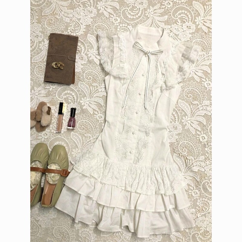 Lace Trim Patchwork Bow Sleeveless Dress for Women, Summer 2026 New Style, Waist-Cinching Slimming Tiered Short Dress