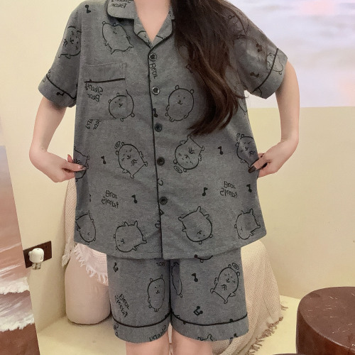 Grey Self-deprecating Bear Pajama Set for Women - Summer Pure Cotton Short Sleeve Top and Shorts - Collar Style - Japanese Cute Cartoon Homecoming Suit
