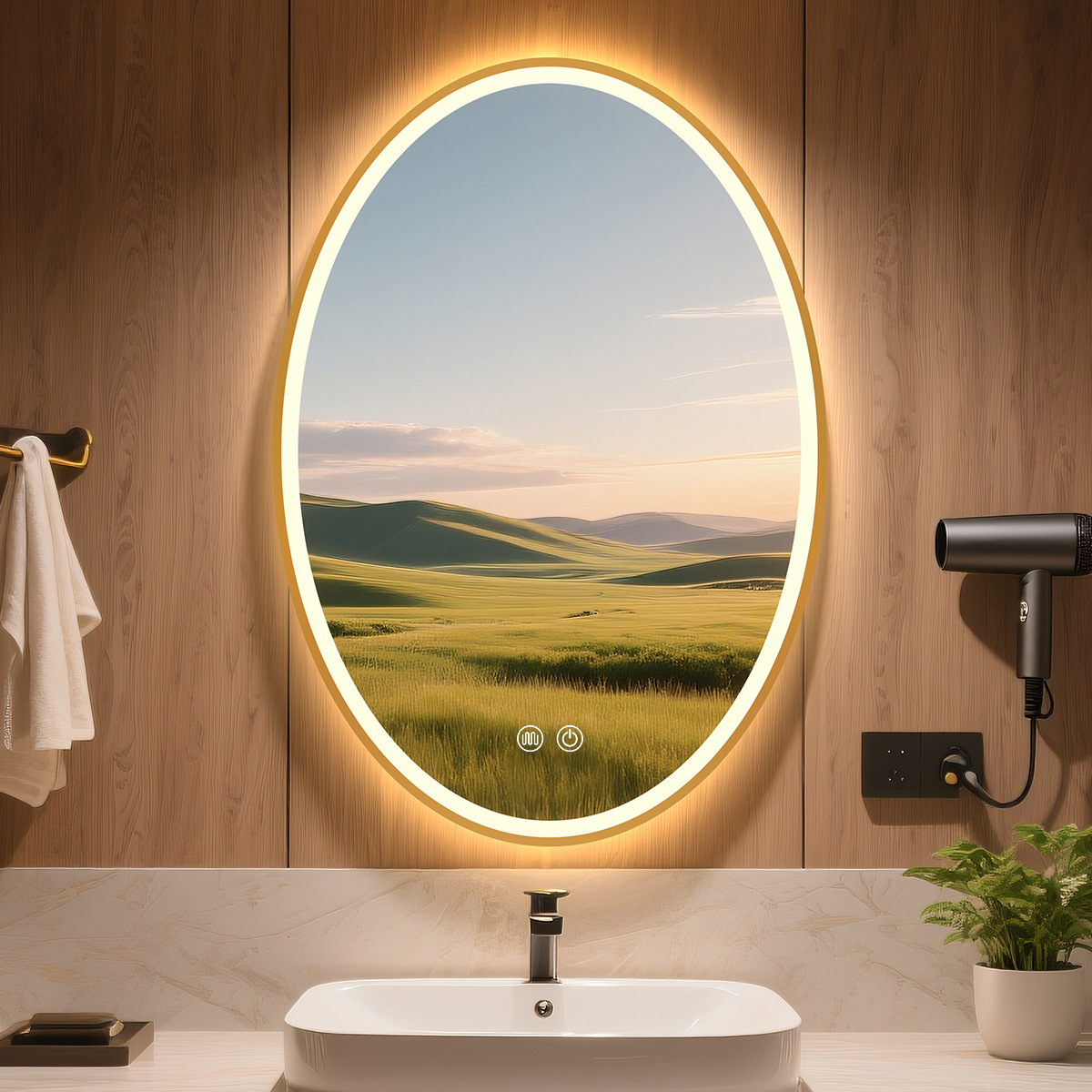 Hoteles transfronterizos residenciales espejo inteligente con marco de aleación de aluminio sin perforación de pared LED con lámpara de lámpara anti niebla baño elíptico