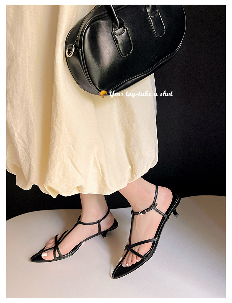 Sandal hở mũi nữ quai mảnh gót mèo con 4 cm phong cách tối giản — Màu đen chi tiết 35