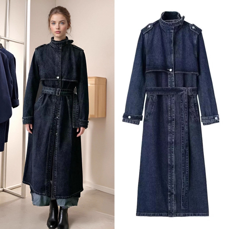 Cross-Border Foreign Trade Spot European and American Style Women's Summer New Denim Mid-Length Belt Windbreaker Jacket