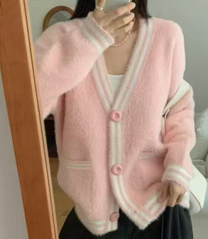 秋冬时尚撞色条纹棒球领拉链开衫毛衣女时尚通勤长袖针织衫外套|undefined